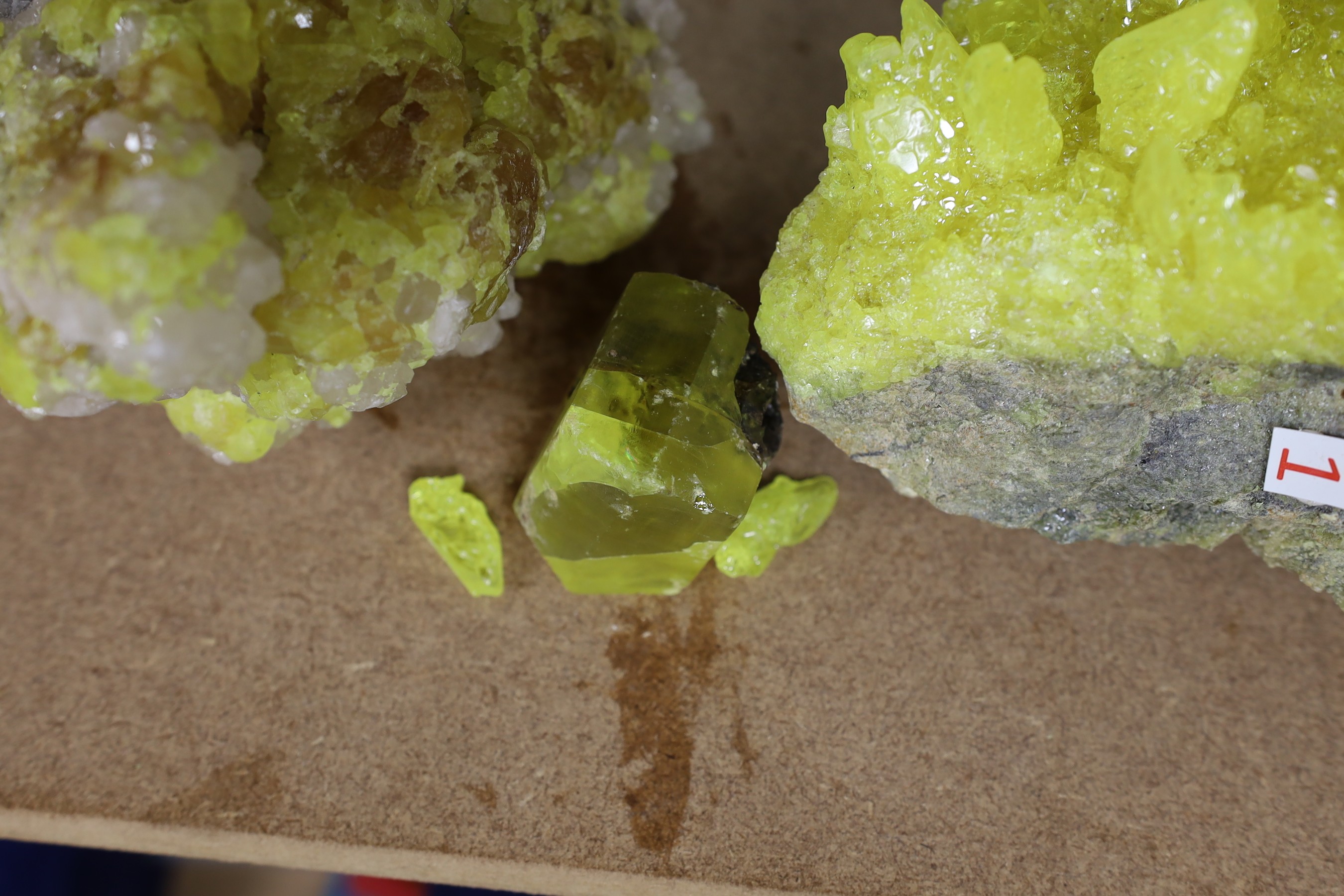 Three sulphur crystals, largest 13cm x 23cm